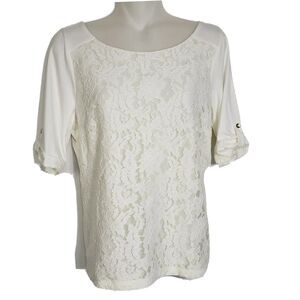 The Limited Womens Size Small Blouse White Floral Lace Lined Short Tab Sleeve